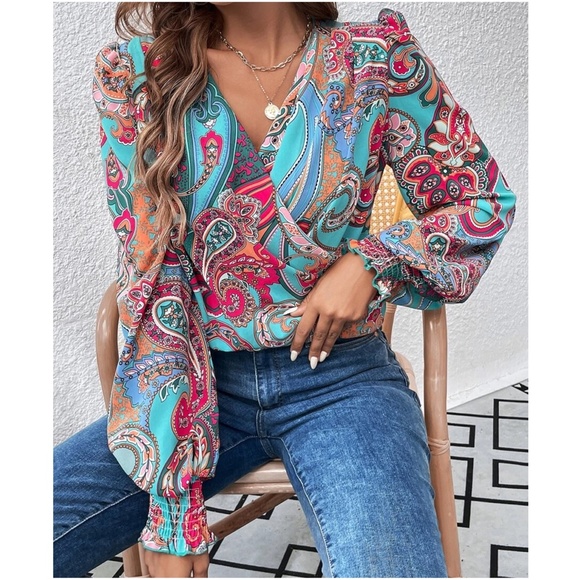 065 Boho Paisley Print Surplice Blouse - Picture 2 of 7